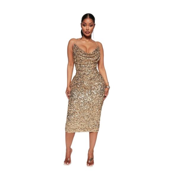 Fashion nova You Wish Sequin Midi Dress - Gold NWT - Picture 1 of 8